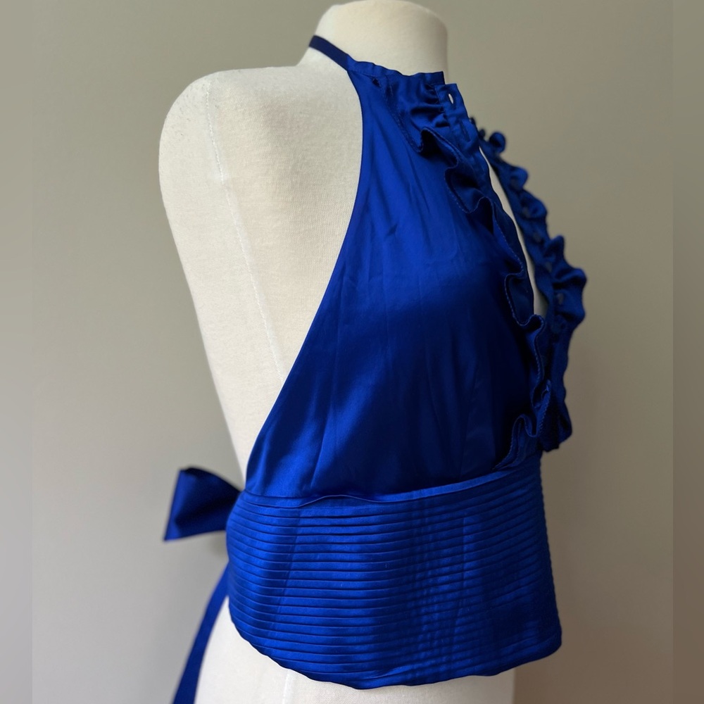 Open Back Silk Halter Top Shirt Designer Elegant Backless Blue Shirt Womens 6 M